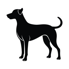 Sleek black silhouette of a standing dog facing left clean design isolated illustration