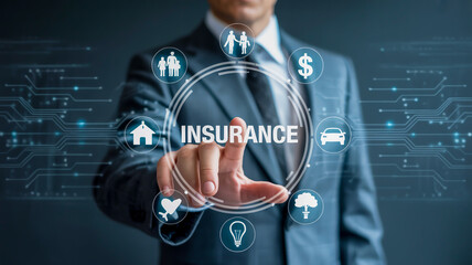 Businessman touching digital screen with insurance icons and word insurance