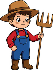 Cartoon farmer boy, cute child character, wearing hat and overalls, holding pitchfork, agriculture worker, rural countryside life, farm kid illustration