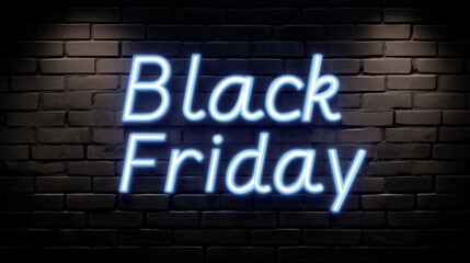 Black Friday Neon Sign: A captivating illuminated neon sign spells out Black Friday against a textured dark brick wall background, with glowing letters, evokes the anticipation of a shopping event.