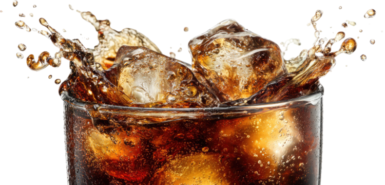 Refreshing soda with ice cubes splashing