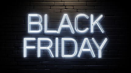 Neon Sign of Black Friday: A striking neon sign illuminates the words Black Friday against a weathered brick wall, embodying the thrill and anticipation of the renowned shopping event.