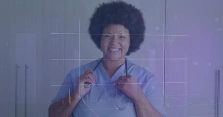 Smiling nurse in blue scrubs holding stethoscope earpieces in clinic room, with numeric overlay