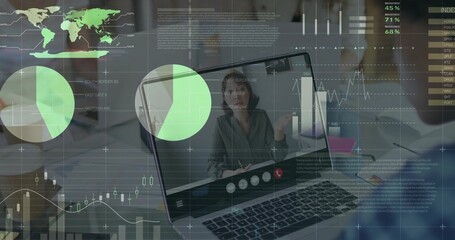 Laptop screen showing Asian woman gesturing in office, with interface icons notebooks pens overlays