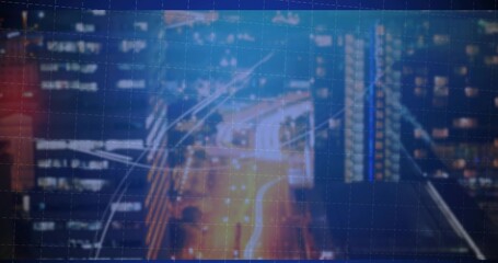 Glowing highway emitting light trails over downtown at night, with code overlays and grid lines