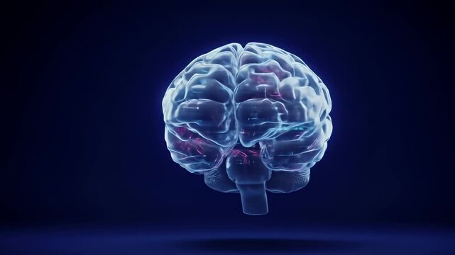 A transparent, glowing, anatomically correct brain hovers against a dark blue background