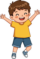 Cartoon happy boy, smiling child character, playful kid in yellow shirt, blue shorts, jumping cheerful pose, fun illustration design