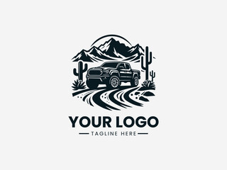 Vintage pickup truck off road adventure vector logo with desert cactus landscape