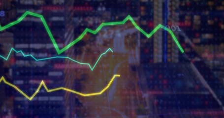 Showing three colored line graphs fluctuating over grid on screen, with data and glowing markers