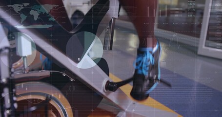Pedaling gym-goer engaging bike pedal against flywheel in fitness center, with overlay charts