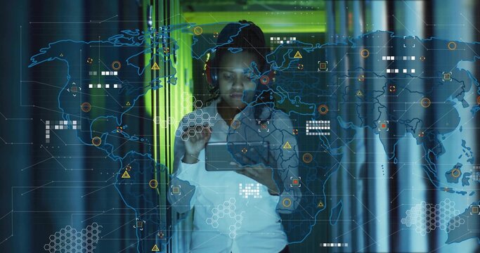 Analyzing tablet data woman wearing blouse and red headphones in rack hallway, with holographic map - Powered by Adobe