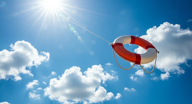 Life preserver floating in blue sky with clouds