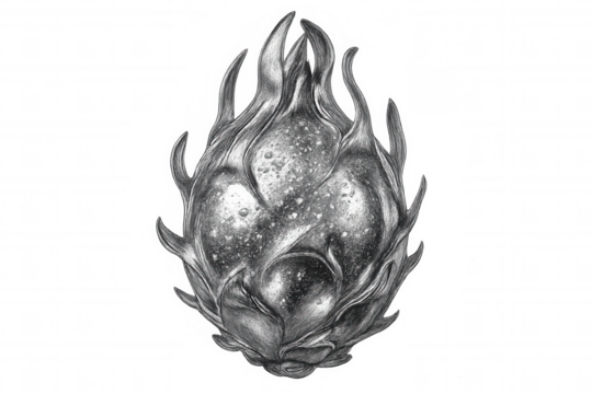 Realistic pencil sketch depicting dragon fruit's intricate surface, highlighting exotic fruit's textural details against clean white background