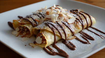 crepes with coconut, almonds, and chocolate syrup