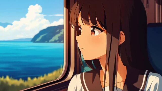 電車で座っているアニメ調の美少女