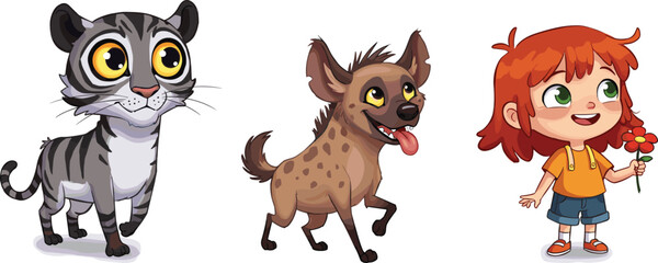 Cute cartoon illustrations of a wide-eyed tiger cub, a playful spotted hyena, and a happy red-haired child holding a flower, isolated on white background.