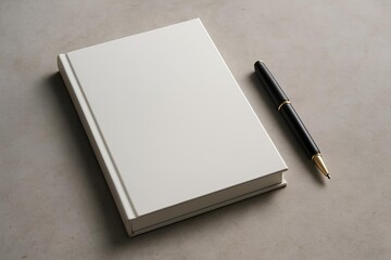 Minimal creative mockup with blank hardcover notebook on concrete table, premium pen nearby, soft daylight