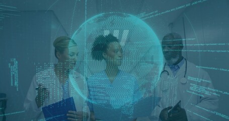 Studying medical team analyzing holographic globe with code in hospital hall holding folder, tablet