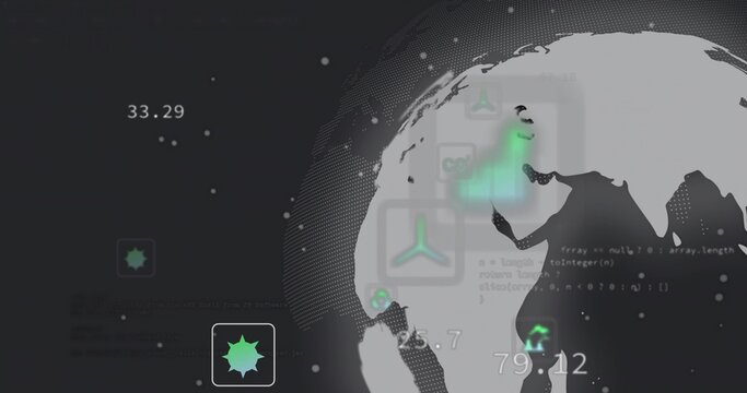 Rotating partial dot globe on interface, with floating green data icons, overlays and particle dots