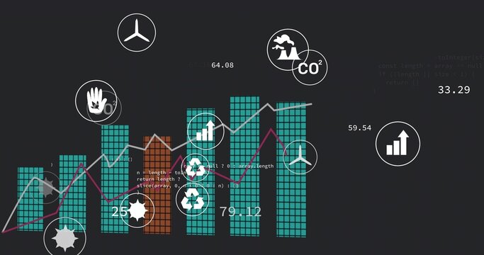 Fototapeta Displaying data visualization on dark dashboard, with teal and orange bars, lines, and eco icons