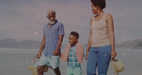 Walking family holding hands at sandy beach shore, with wicker basket, straw hat, pink towel