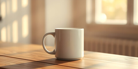 Fototapeta premium A Blank White Ceramic Mug on a Wooden Table with a Blurred Background