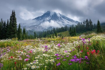 Obraz premium Lush meadow teeming with wildflowers, snow-capped mountain in the background