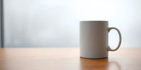 Obraz premium A Blank White Ceramic Mug on a Wooden Table with a Blurred Background