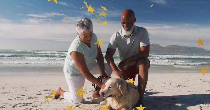 Kneeling couple holding leash and petting golden retriever dog on sandy beach, with star overlay