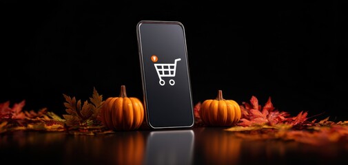 The Smartphone Displaying Shopping Cart Icon with Autumn Pumpkins and Fall Leaves
