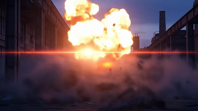 Industrial explosion creates chaos amidst buildings under a dramatic night sky