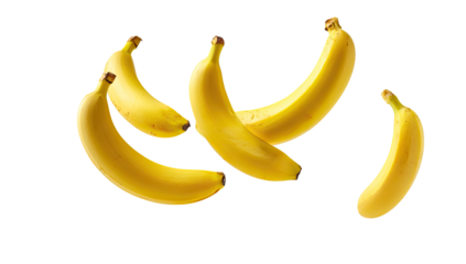 Four ripe bananas, slightly overlapping, appear to be in mid-air, against a black background.  Yellow skins, curved shapes