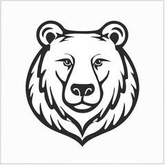 A detailed black and white illustration of a bear's face, showcasing its powerful features and stern expression, perfect for design and branding