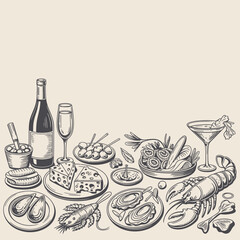 Hand Drawn Sketch Of A Delicious Seafood And Wine Spread drink
