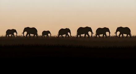 Fototapeta premium Majestic elephants travel together at sunset across grassy plains, a powerful symbol of family and nature's grandeur.