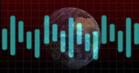 Displaying planet Earth rotating in red HUD grid, with turquoise data bars and concentric ripples