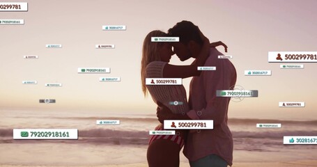 Embracing romantic couple in swimwear standing at water edge, with floating social media graphics