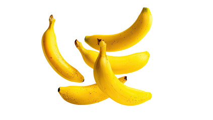 Four bananas in a dynamic pose, overlapping and slightly skewed.  Bright yellow, slightly speckled.  Isolated on black background