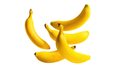 Four bananas in a dynamic pose, overlapping and slightly skewed.  Bright yellow, slightly speckled.  Isolated on black background