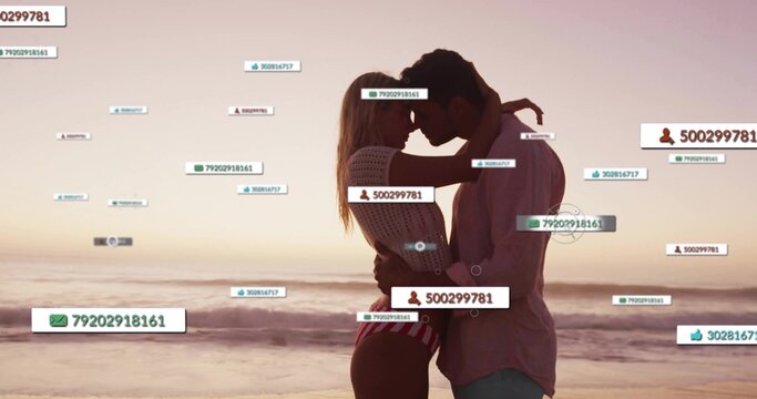 Embracing romantic couple in swimwear standing at water edge, with floating social media graphics