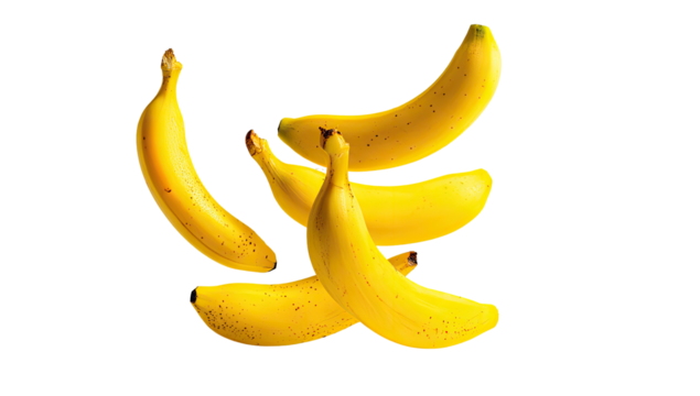 Four bananas in a dynamic pose, overlapping and slightly skewed.  Bright yellow, slightly speckled.  Isolated on black background