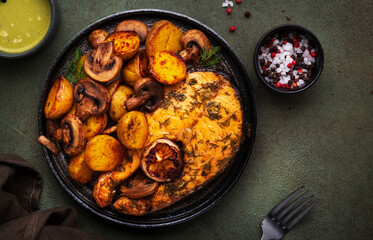 Delicious dinner with roasted salmon, baby potatoes and mushrooms, green table background, top view