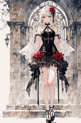 Naklejka premium Gothic Anime Girl in Black Dress with Red Roses, Elegant Dark Fantasy Illustration