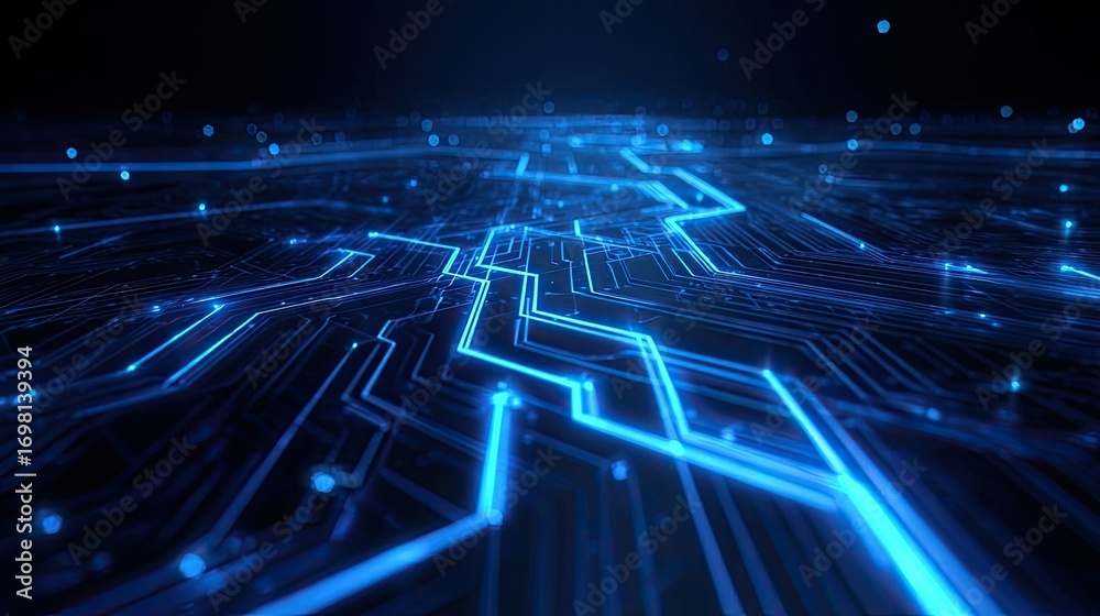 Wall mural futuristic glowing blue circuit lines on dark background, abstract technology concept representing d