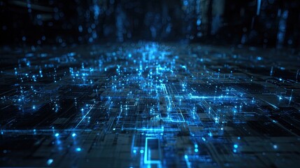 Futuristic digital circuit board with glowing blue lines, abstract technology background symbolizing data, artificial intelligence, and high speed network