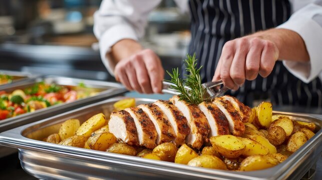 Chef serving sliced roasted chicken with potatoes and rosemary in buffet tray