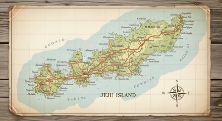 Vintage Map of Jeju Island with Wooden Frame and Compass Rose
