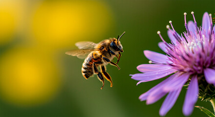 Bee in flight near a purple flower