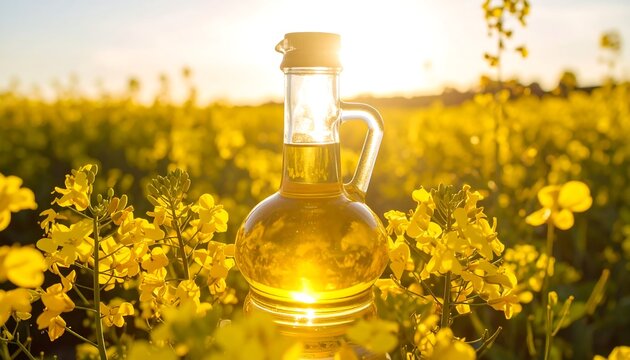 Bottle of oil sits amid a field of bright yellow flowers at sunset