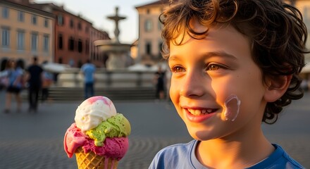 Smiling boy enjoys colorful ice cream cone on a warm summer day in a beautiful European city